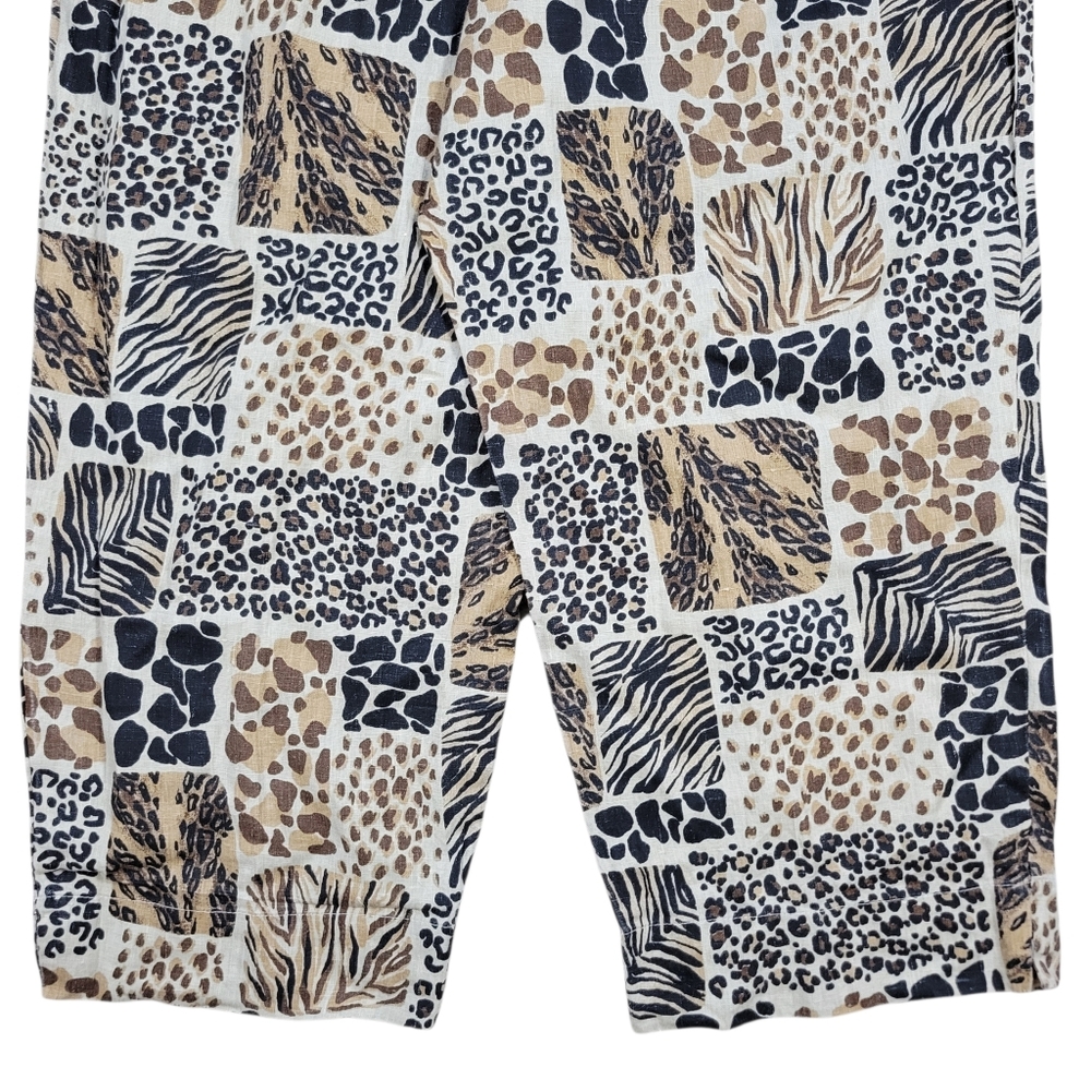 Hot Cotton 100% Linen Pants Womens 1X Brown Animal Print Pull On Cropped Casual - Picture 7 of 11